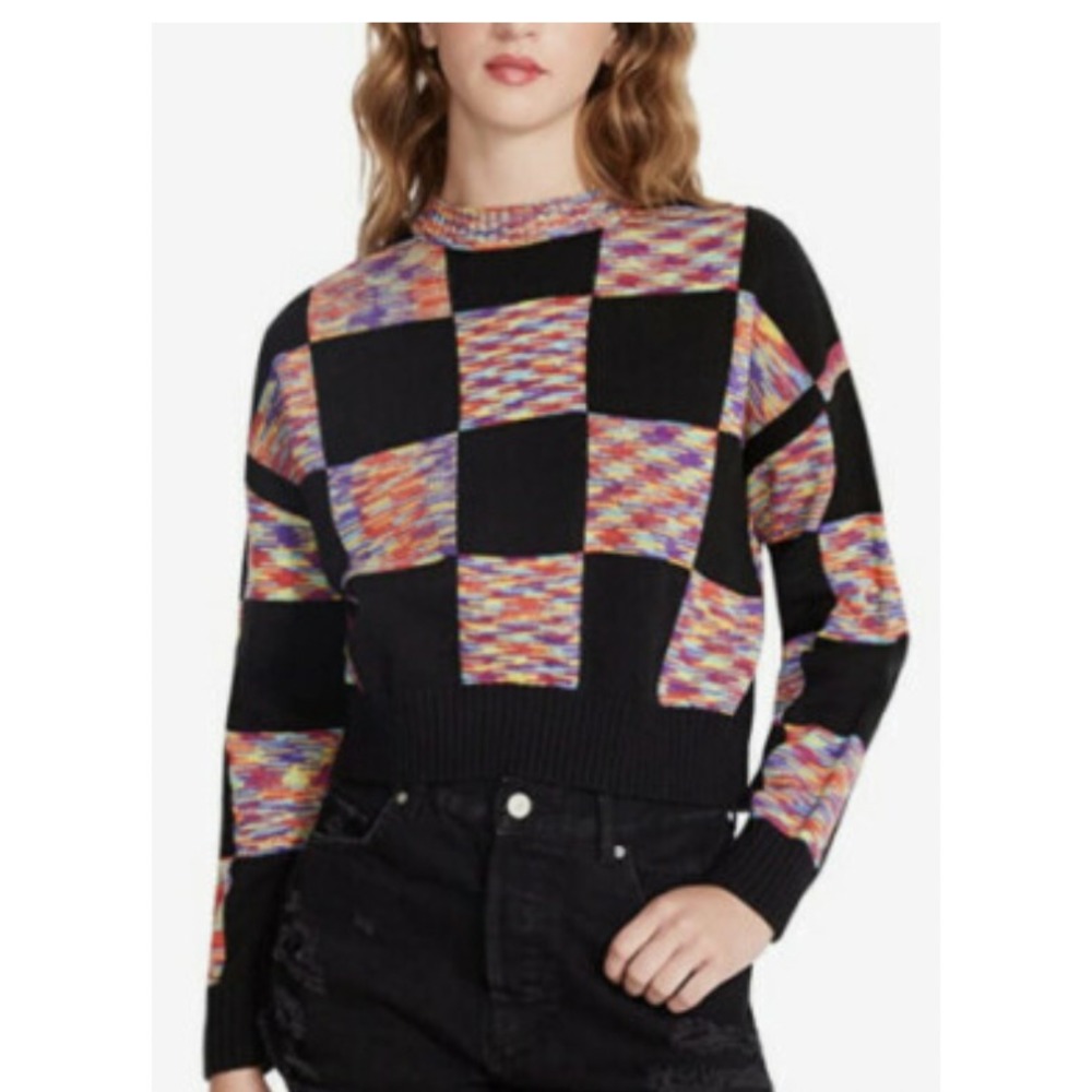 Steve Madden Checkerboard Crop Sweater Womens XS Space Dye Boxy Retro